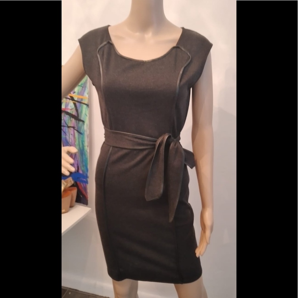 Vince Camuto stretch gray leather piping dress xs